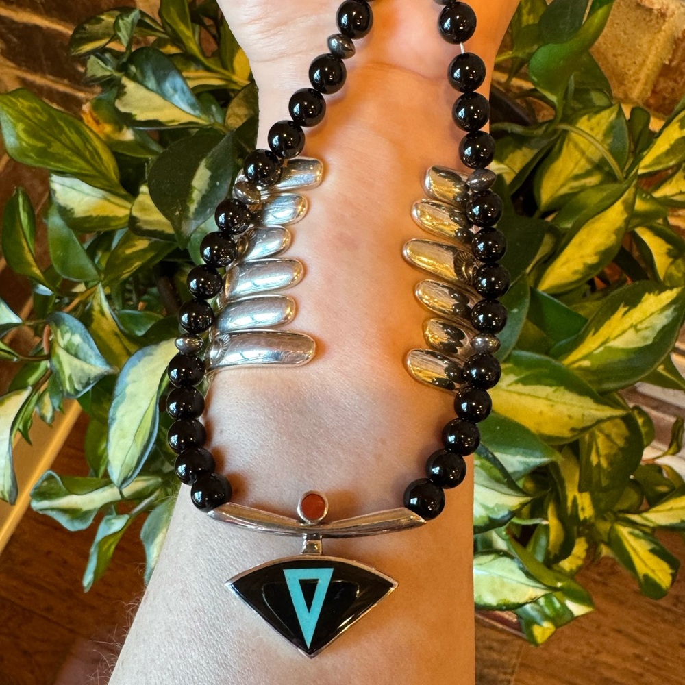 Native American Mark Jimenez Onyx Hematite 925 Gemstone Inlay Pendant Necklace